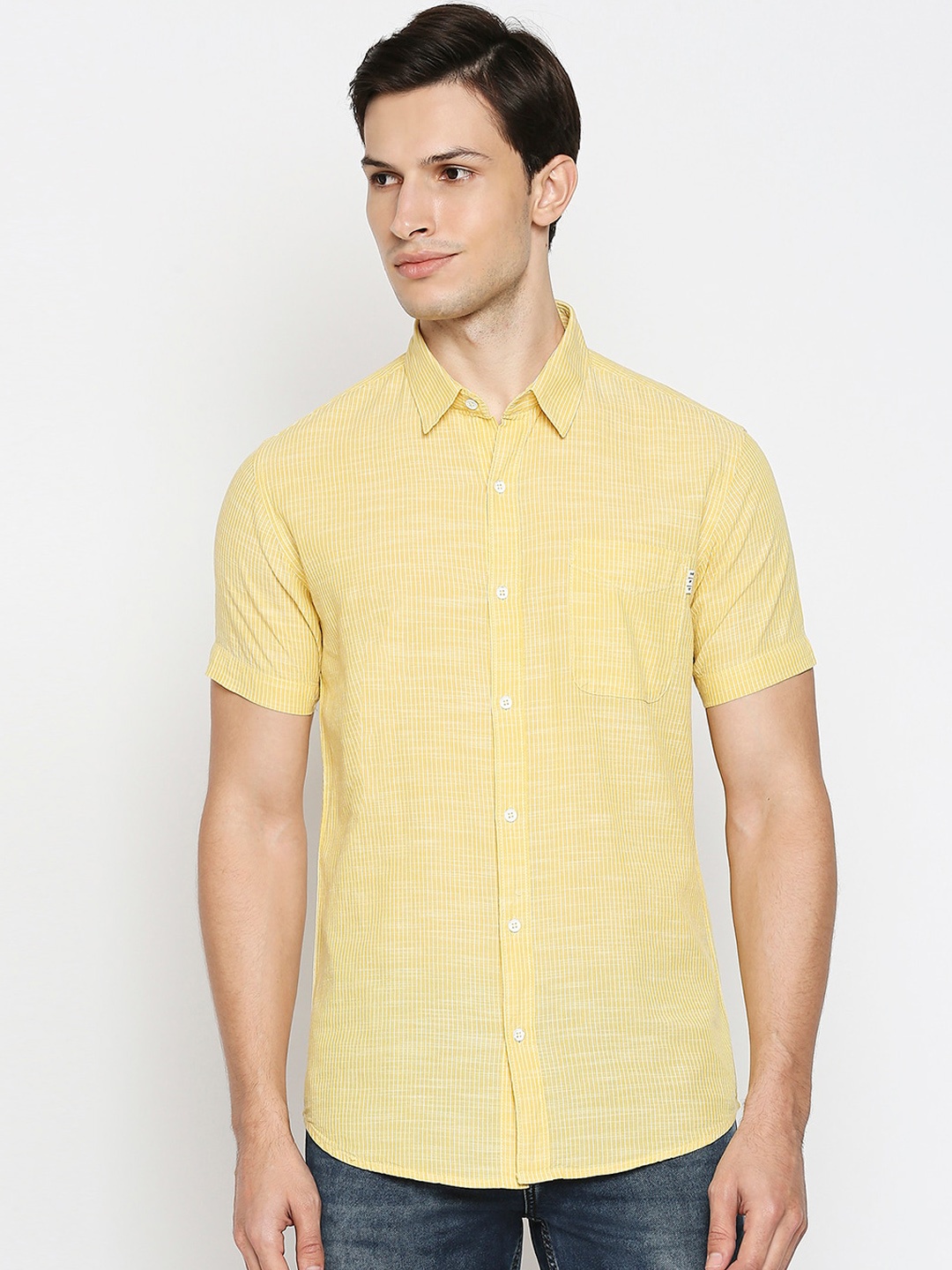 

Mufti Men Yellow Slim Fit Opaque Striped Pure Cotton Casual Shirt