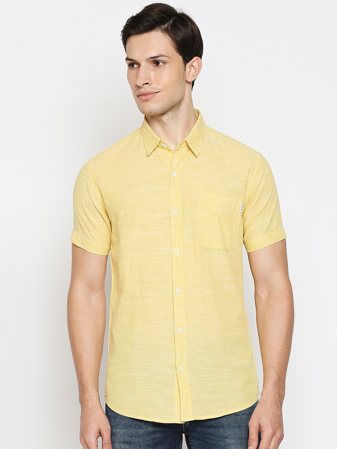 

Mufti Men Yellow Slim Fit Horizontal Stripes Opaque Pure Cotton Striped Casual Shirt