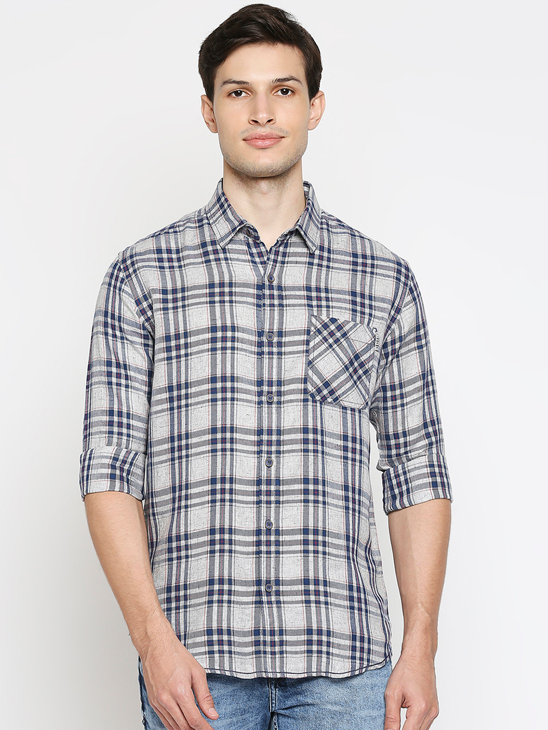 

Mufti Men Grey Pure Cotton Slim Fit Tartan Checked Casual Shirt