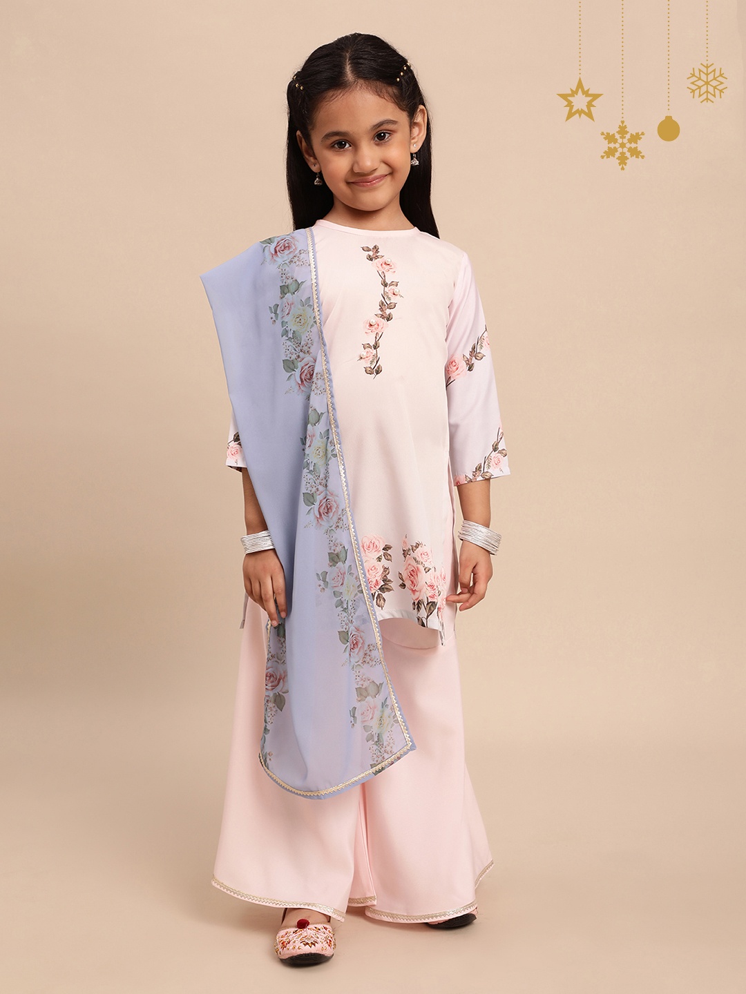 

Ahalyaa Girls Pink Printed Layered Kurta with Palazzos & With Dupatta
