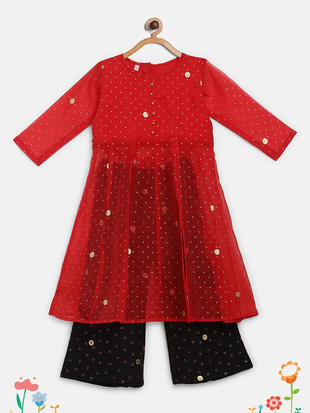 

Ahalyaa Girls Red Gold-Toned Printed Regular Kurta with Palazzos