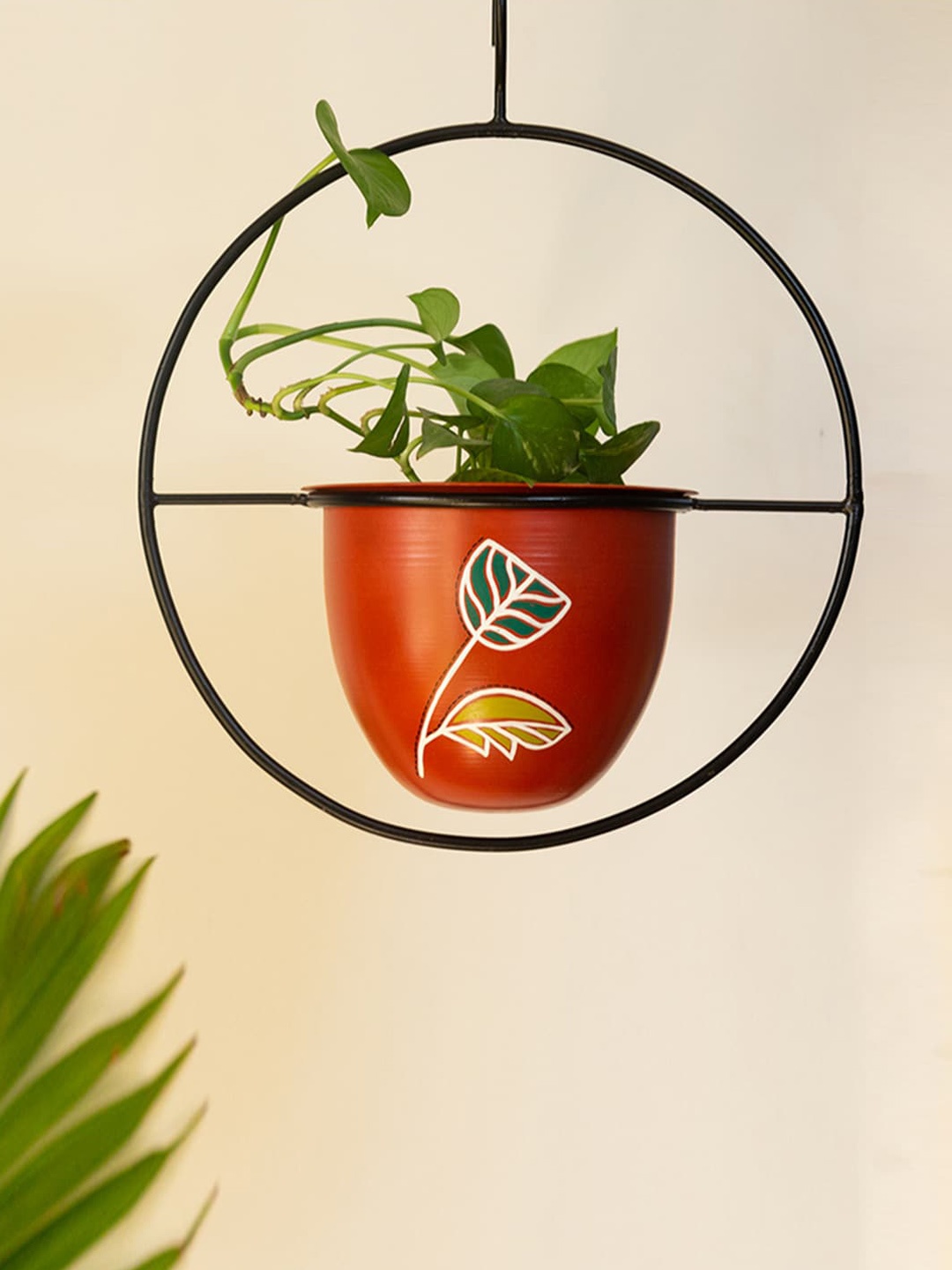 

ExclusiveLane Black & Red Shades of a Leaf Hand-Painted Hanging Planter With Stand In Iron