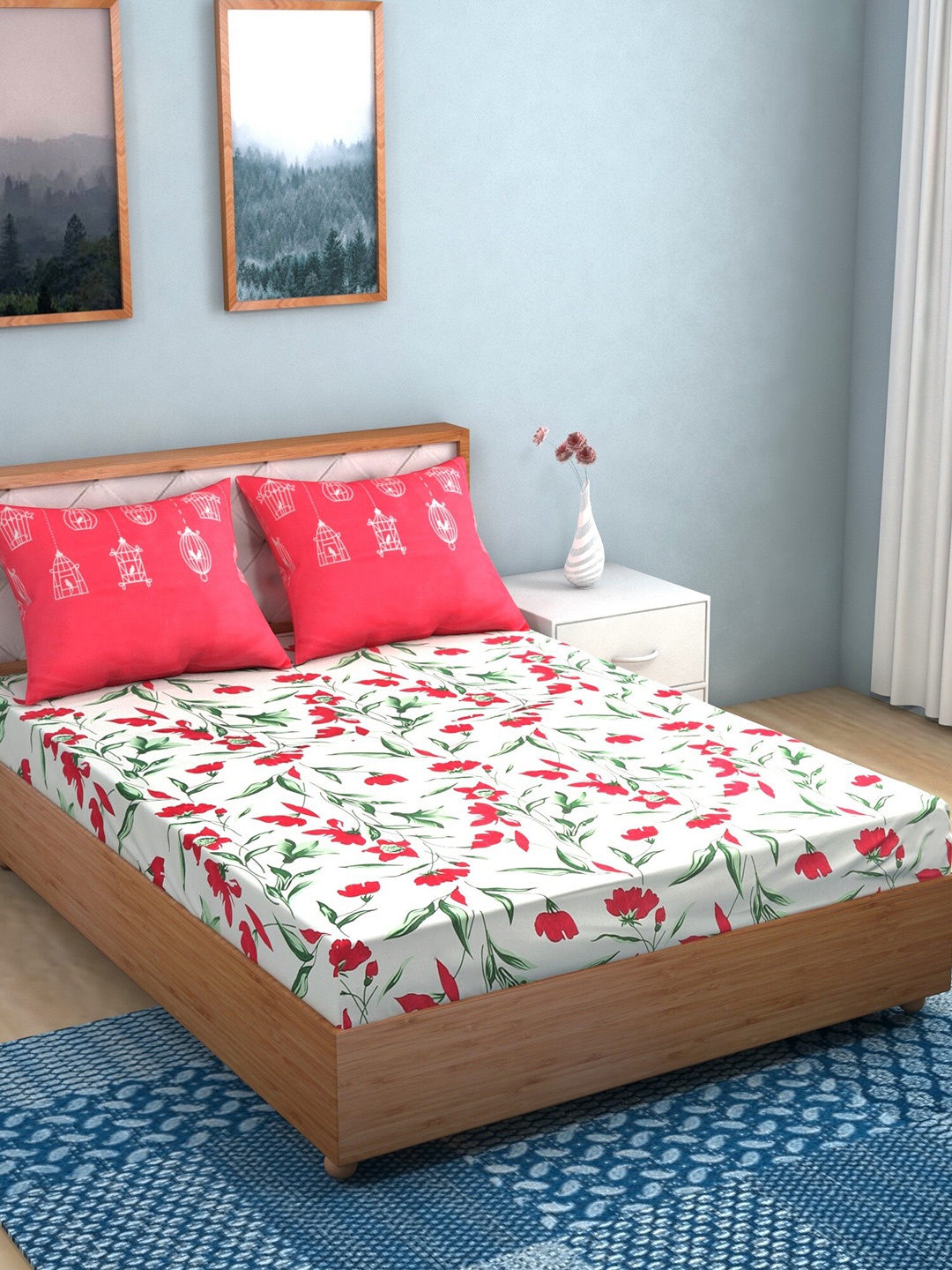 

Niamh by Tag 7 Unisex White & Pink Floral 144 TC King Bedsheet with 2 Pillow Covers