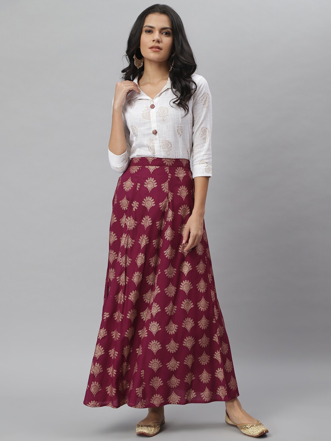 

Stylum Women Off White & Maroon Printed Shirt with Skirt