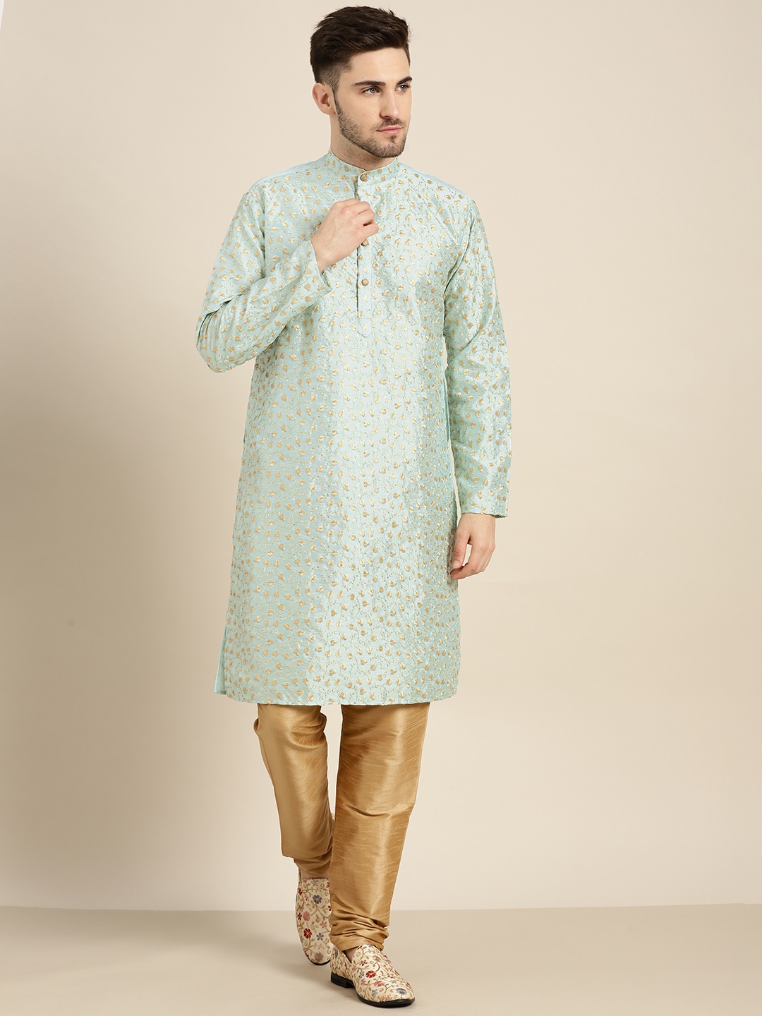 

SOJANYA Men Sea Green Floral Regular Kurta with Churidar