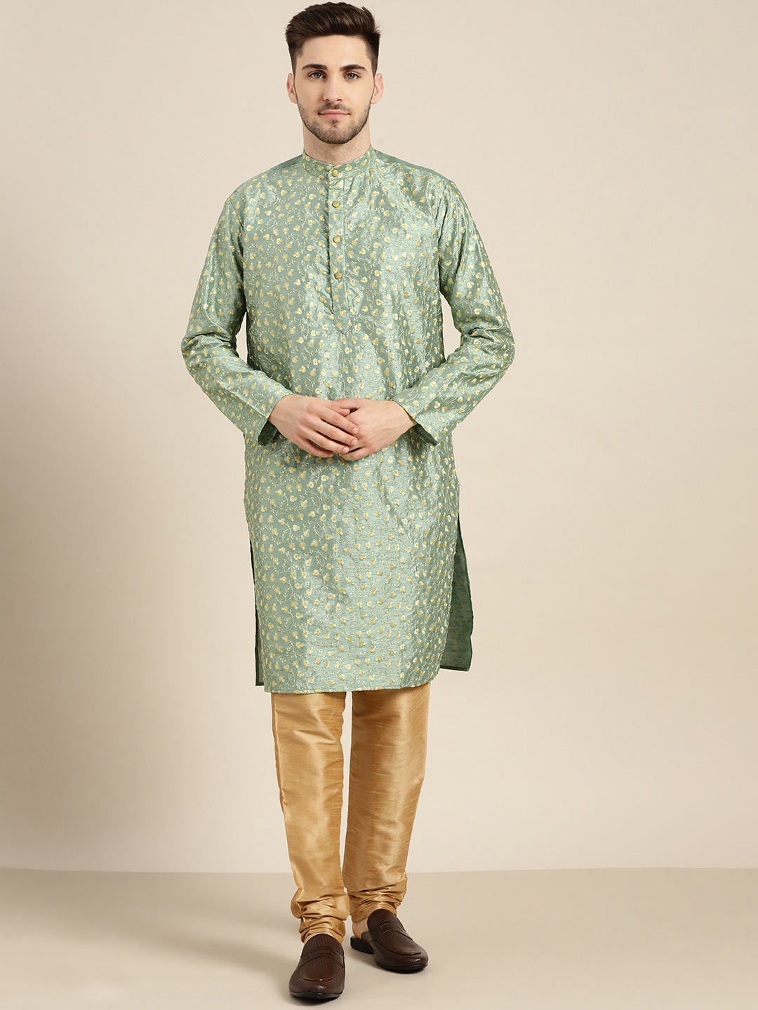 

SOJANYA Men Green Floral Regular Kurta with Churidar