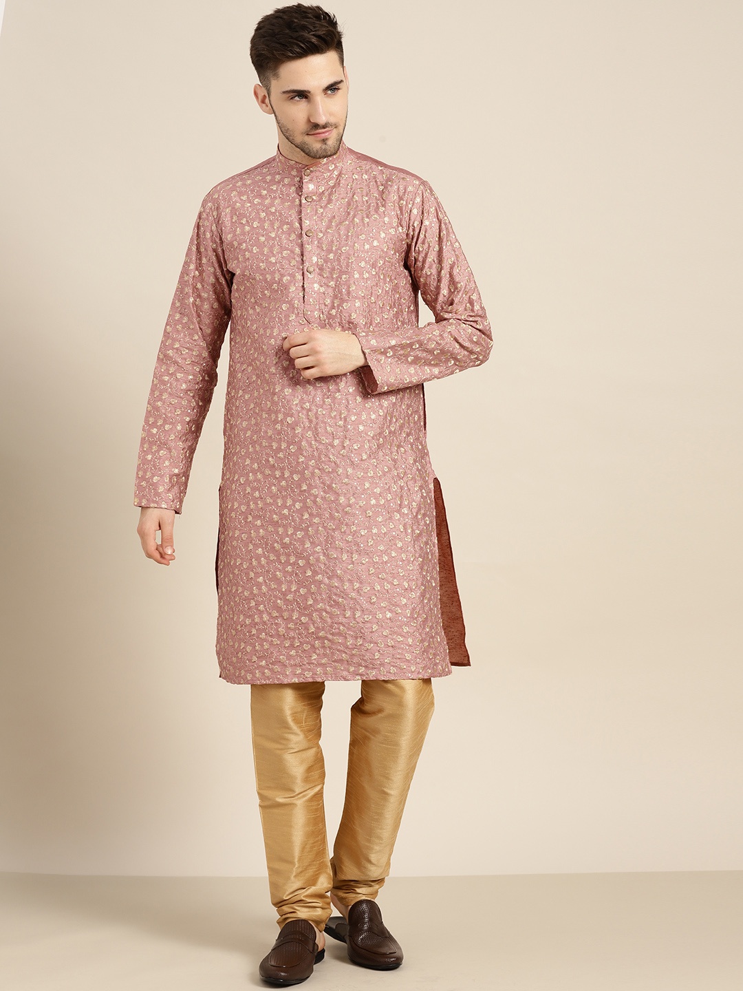 

SOJANYA Men Mauve Floral Regular Kurta with Churidar