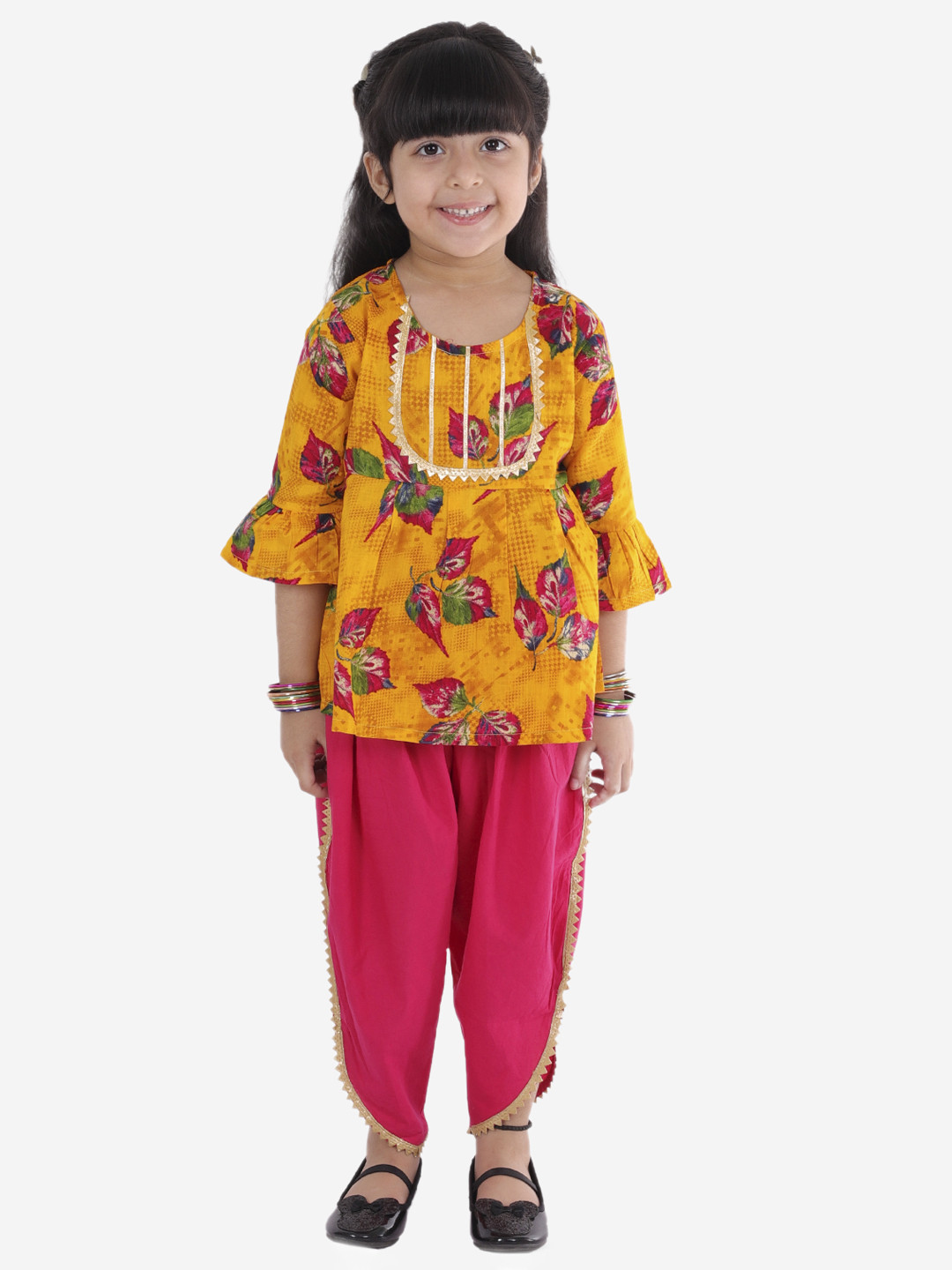 

Superminis Girls Yellow Floral Printed Pure Cotton Kurti with Salwar