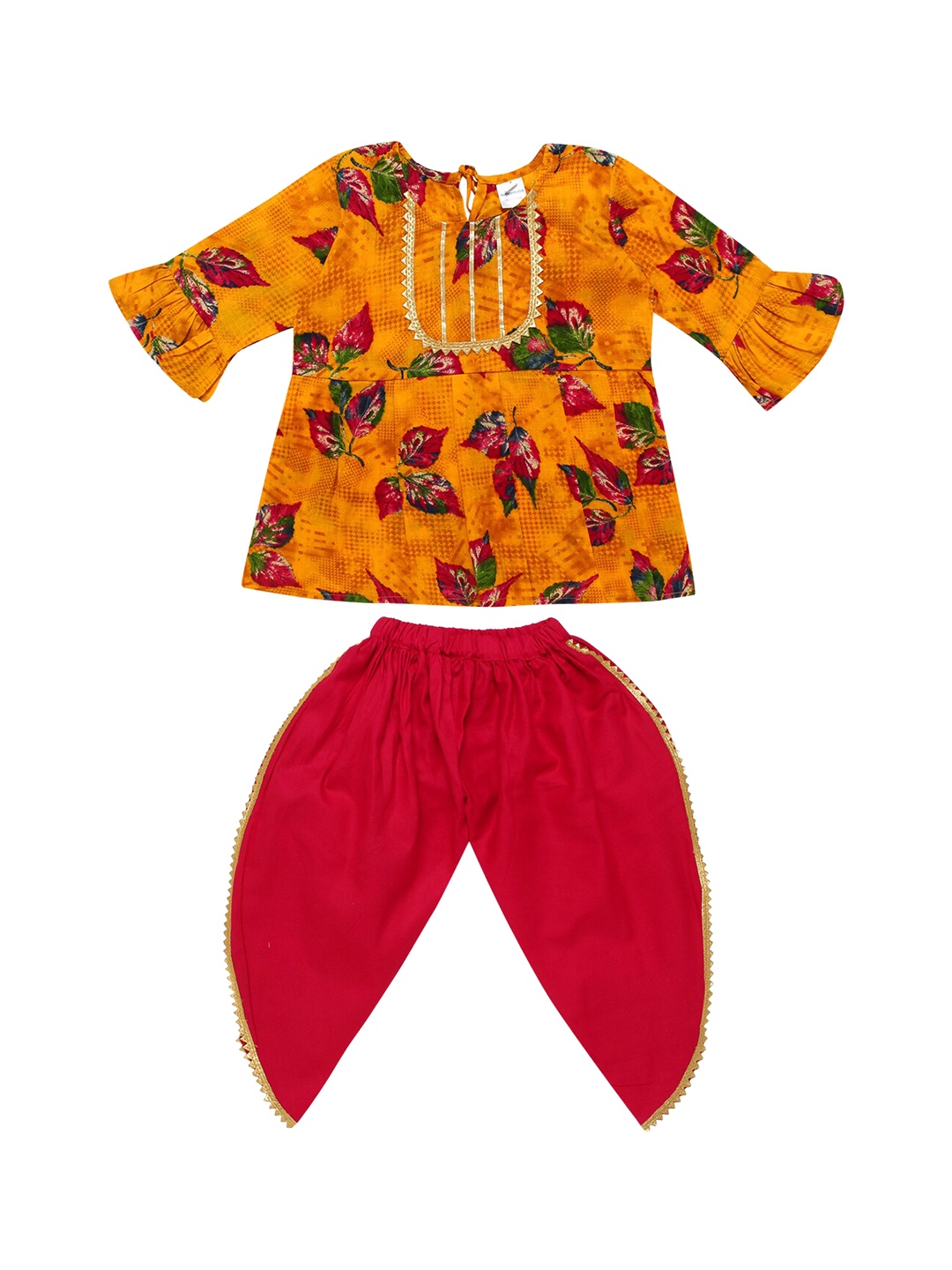 

Superminis Girls Red Printed Pleated Pure Cotton Kurti with Dhoti Pants