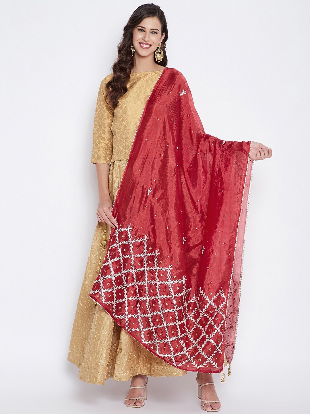 

Clora Creation Maroon & White Embroidered Dupatta with Sequinned