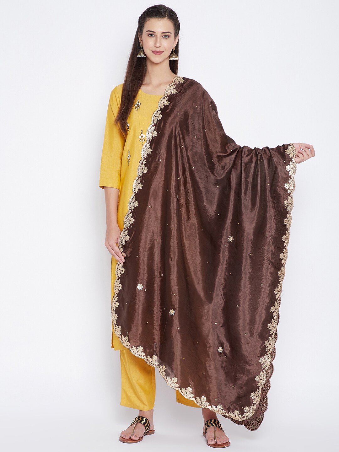 

Clora Creation Brown & White Embroidered Dupatta with Gotta Patti