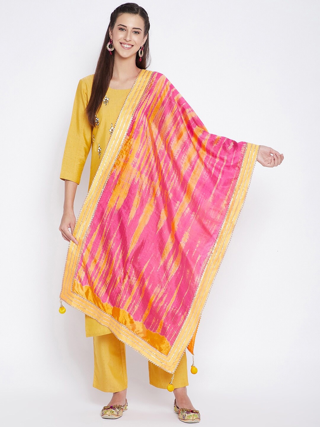 

Clora Creation Women Yellow & Pink Dyed Tie & Dye Dupatta With Gotta Patti
