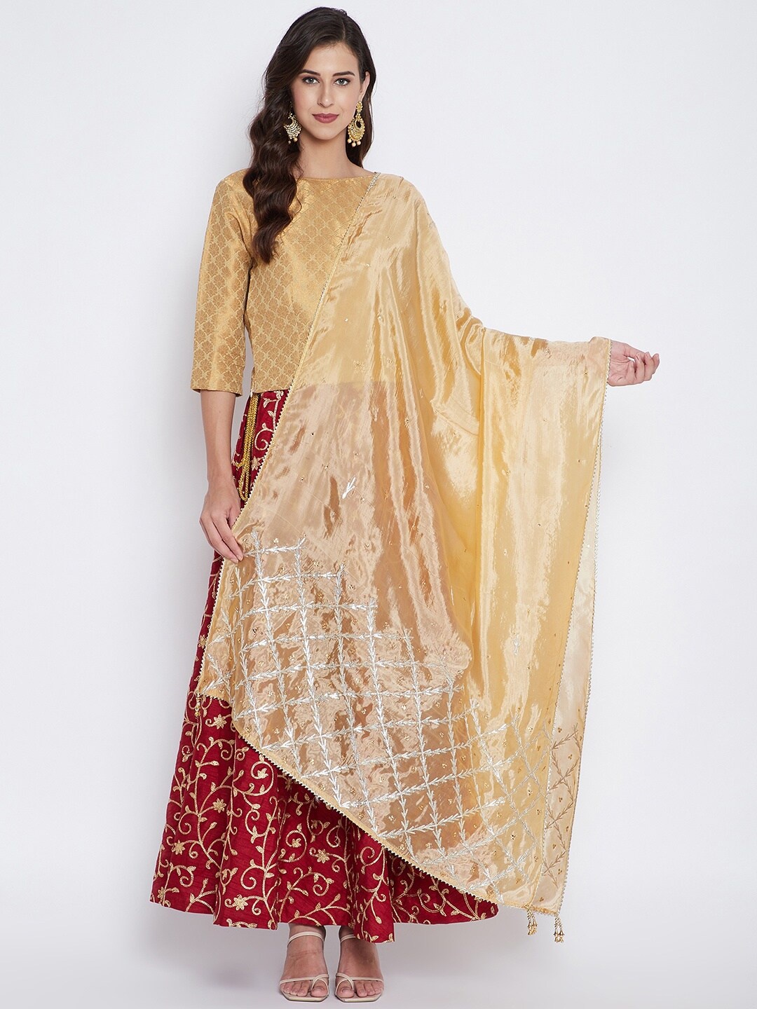 

Clora Creation Beige & White Embroidered Dupatta with Sequinned
