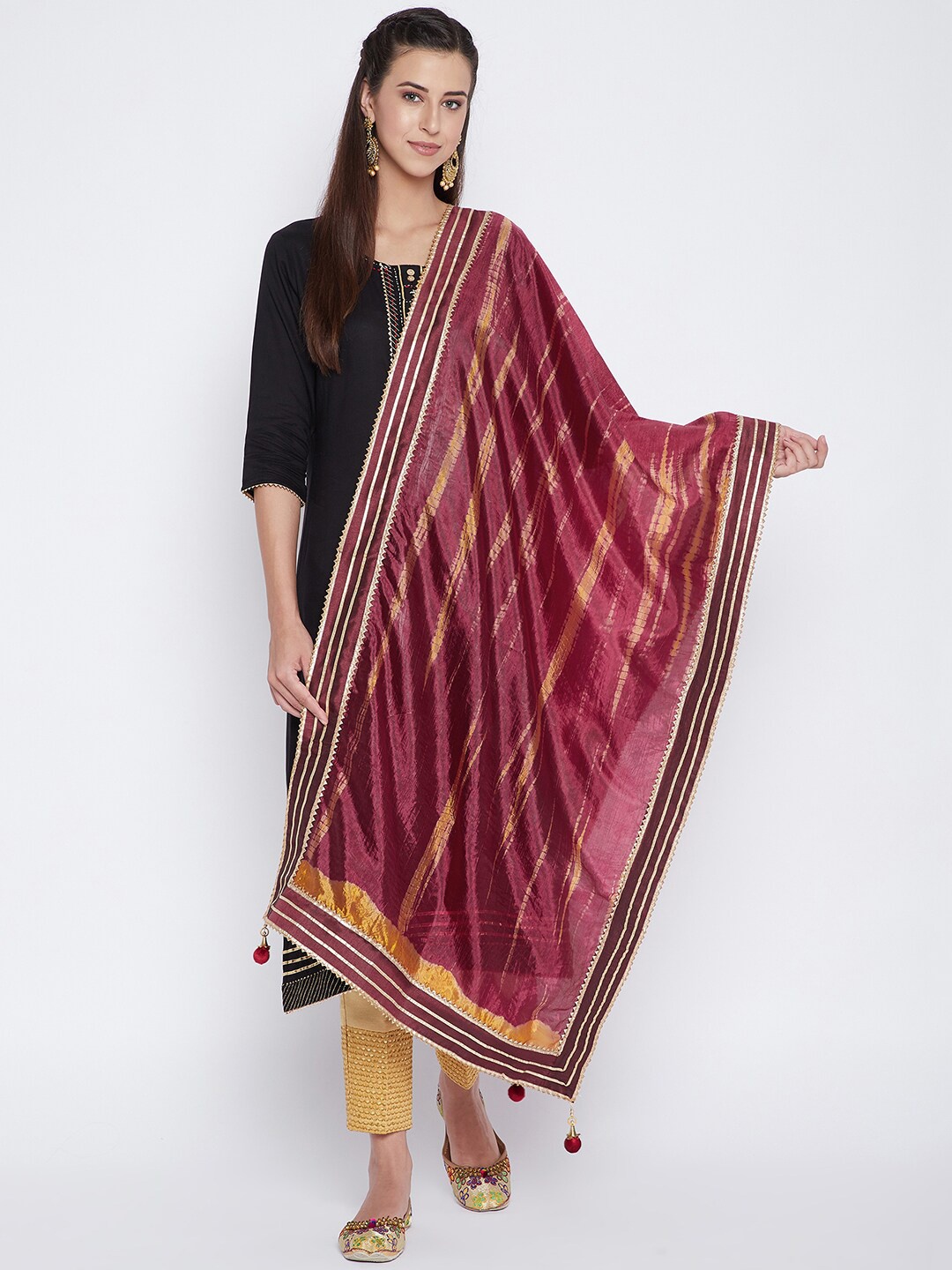 

Clora Creation Burgundy & Gold-Toned Dyed Tie and Dye Dupatta with Gotta Patti