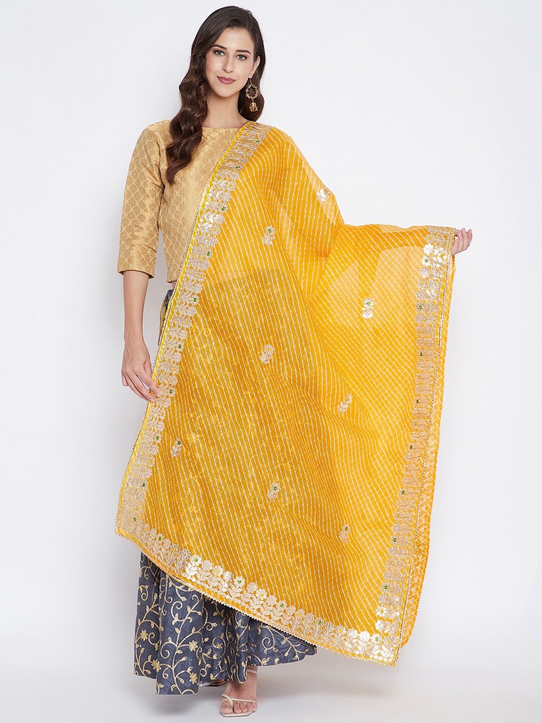 

Clora Creation Yellow & Gold-Toned Embroidered Dupatta with Gotta Patti