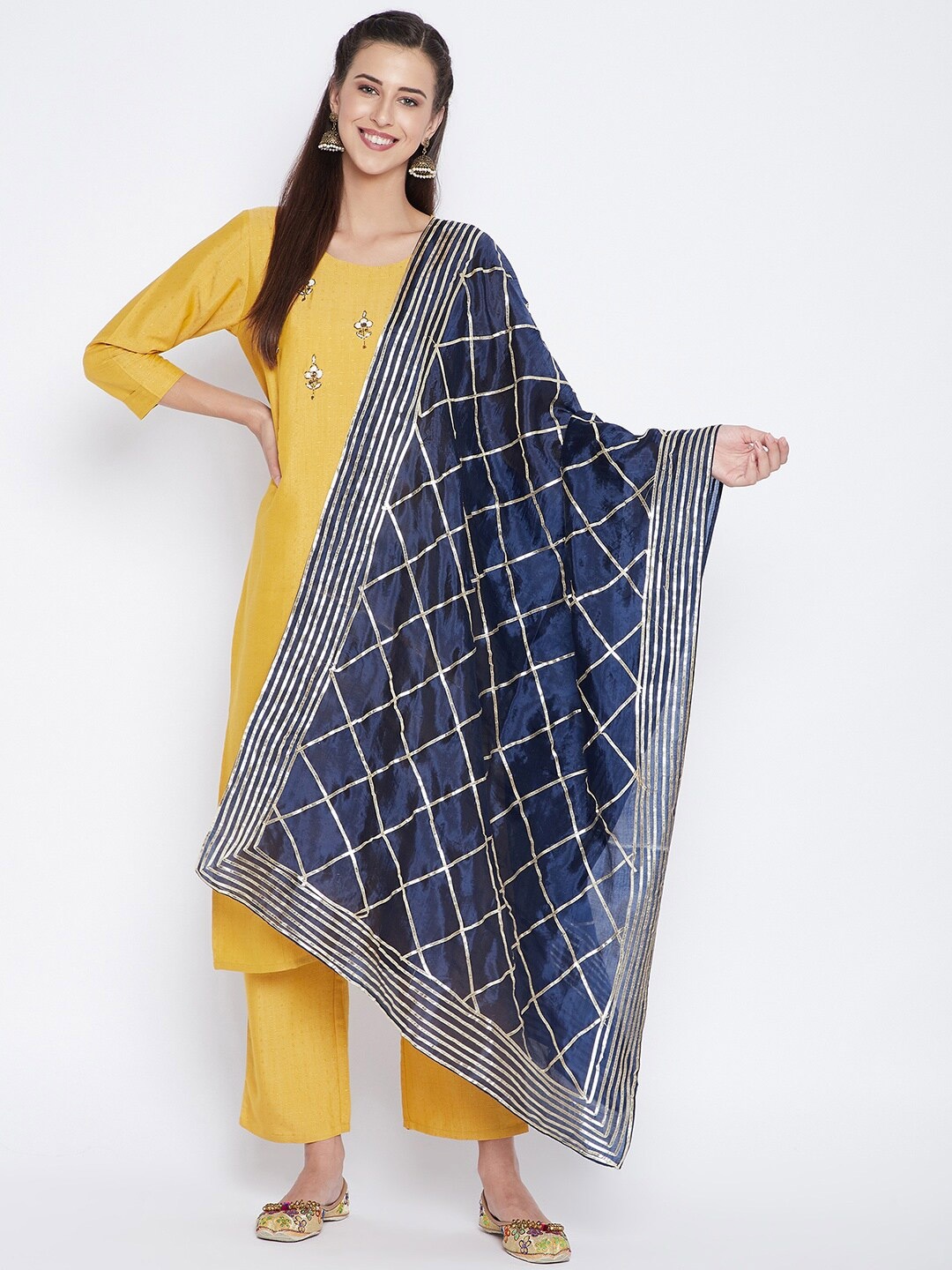 

Clora Creation Navy Blue & Gold-Toned Checked Dupatta with Gotta Patti