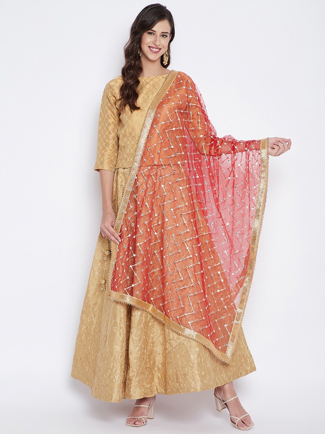 

Clora Creation Women Red & Gold Geometric Embroidered Mirror Work Net Dupatta