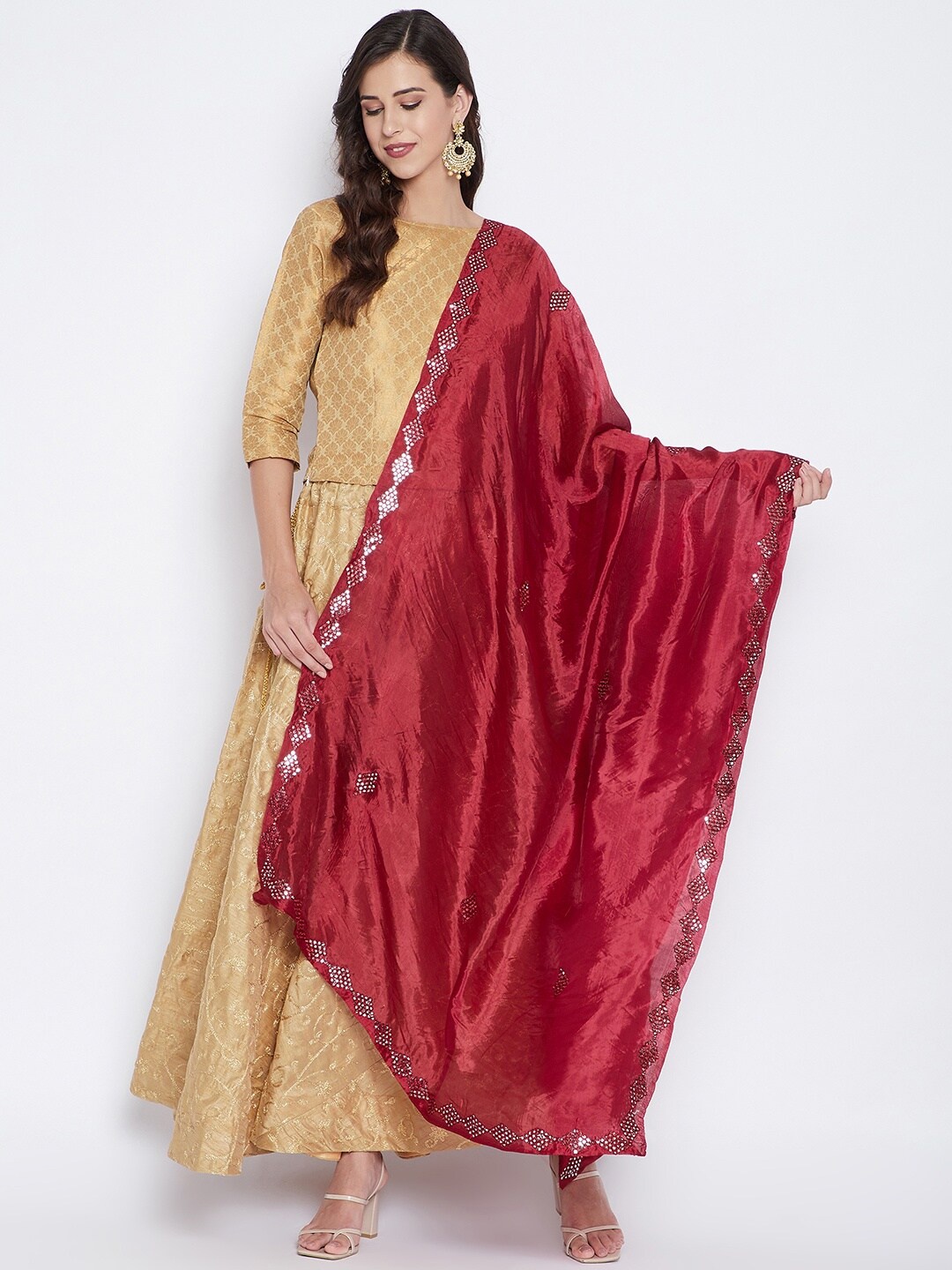 

Clora Creation Maroon & Gold-Toned Embroidered Dupatta with Mirror Work