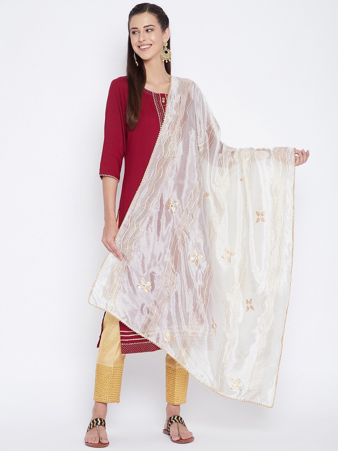 

Clora Creation Cream-Coloured & Gold-Coloured Printed Dupatta with Mirror Work