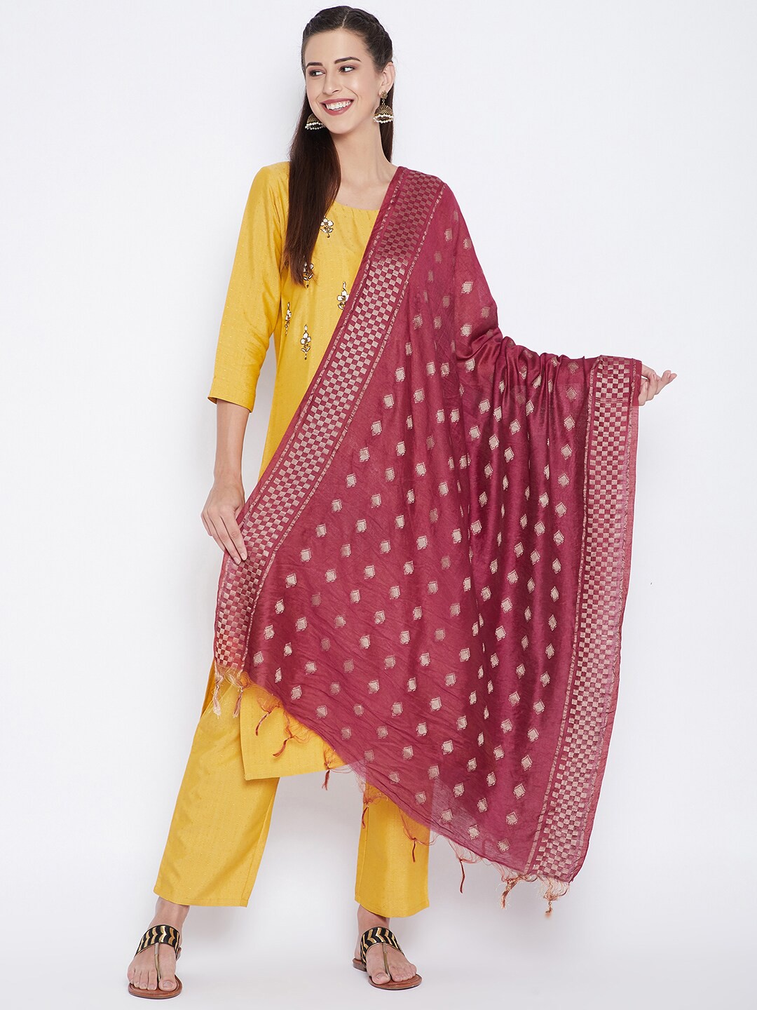 

Clora Creation Maroon & Gold-Toned Woven Design Pure Cotton Dupatta