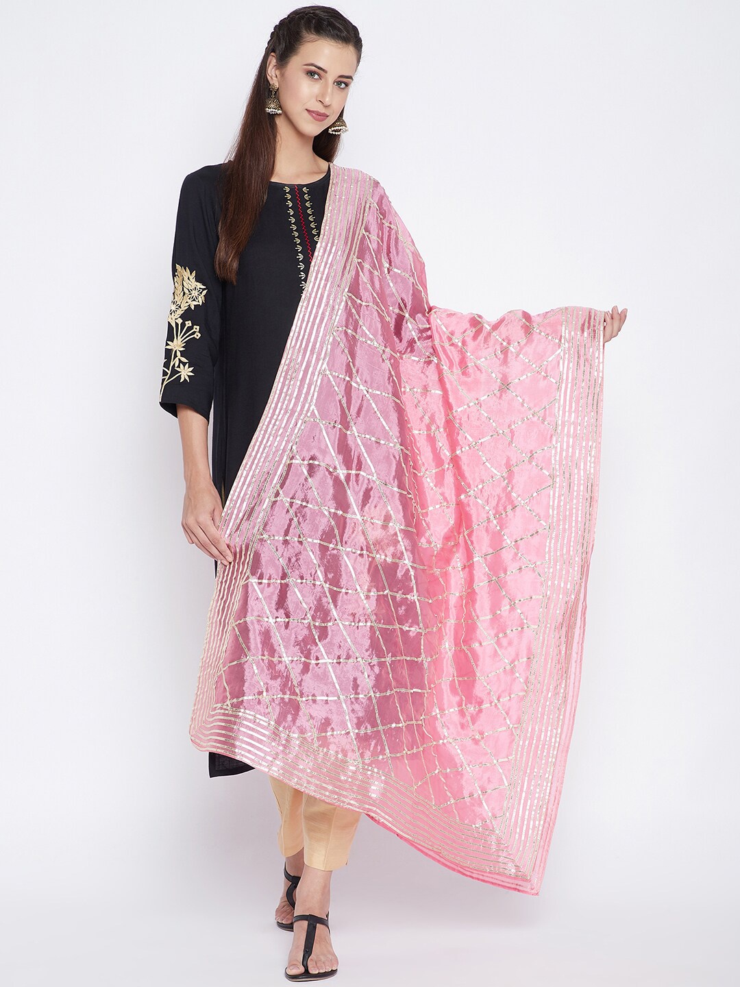 

Clora Creation Pink & Gold-Toned Checked Dupatta with Gotta Patti