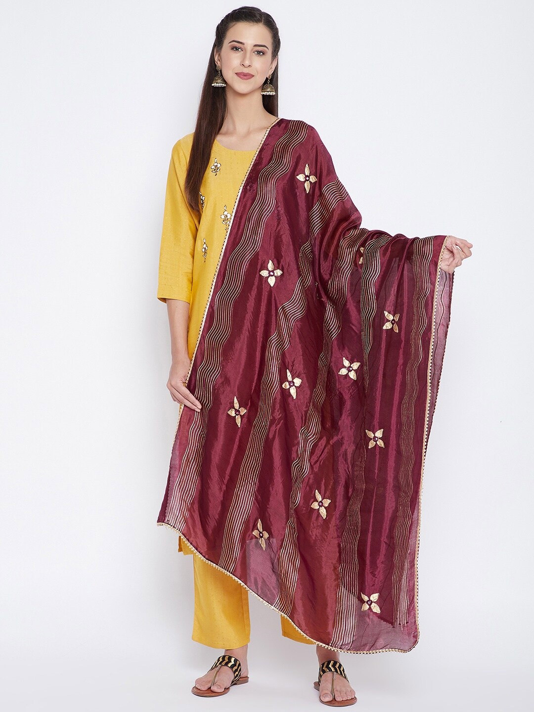 

Clora Creation Burgundy & Yellow Embroidered Mirror Work Dupatta