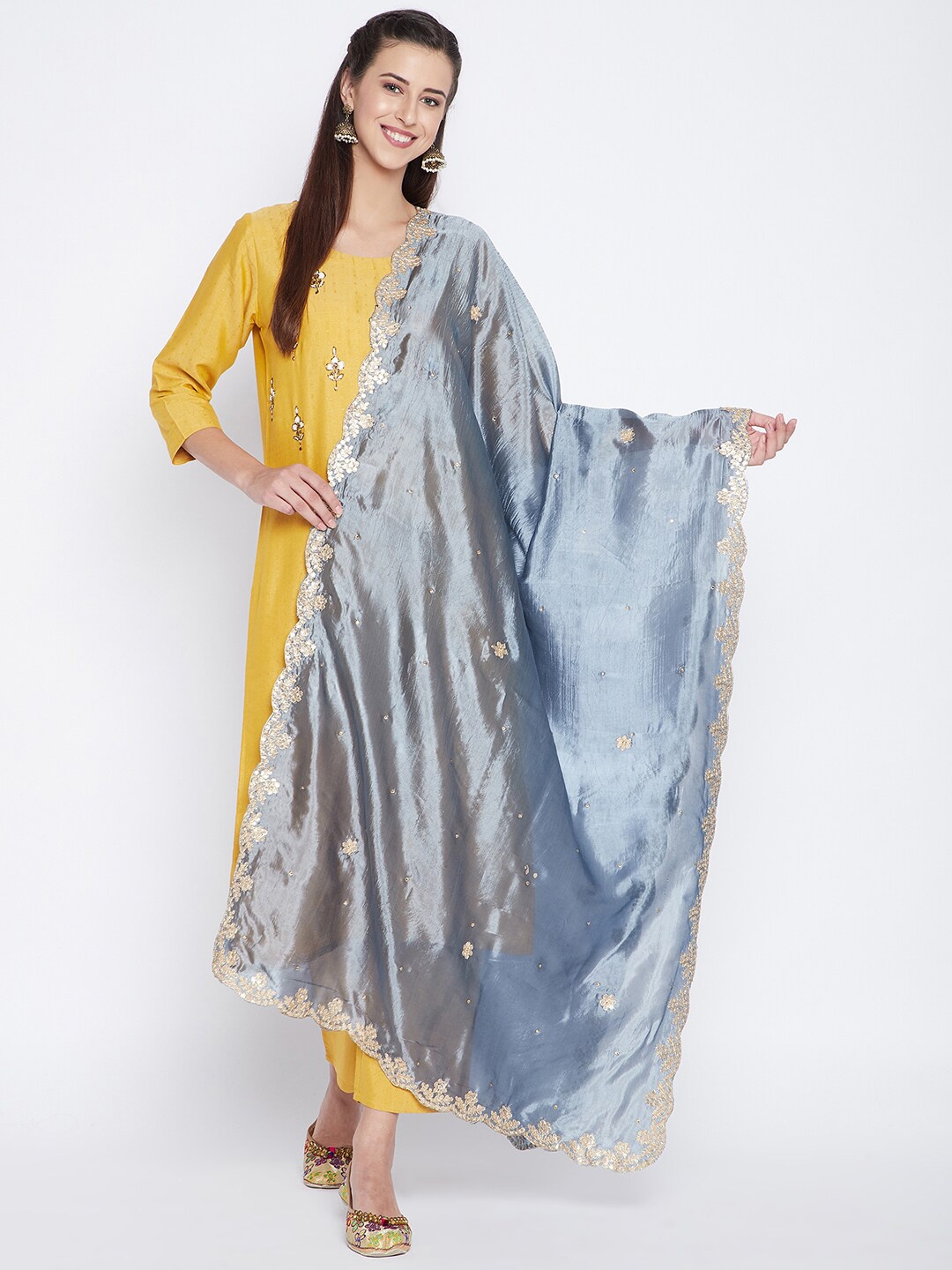 

Clora Creation Grey & Gold-Coloured Ethnic Motifs Embroidered Dupatta with Gotta Patti