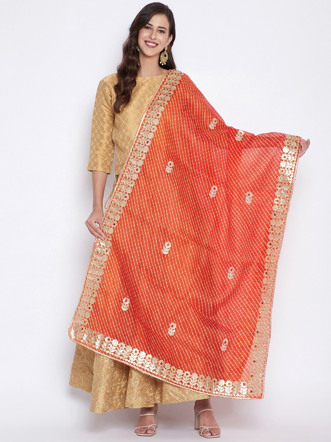

Clora Creation Orange & Gold-Toned Embroidered Dupatta with Gotta Patti