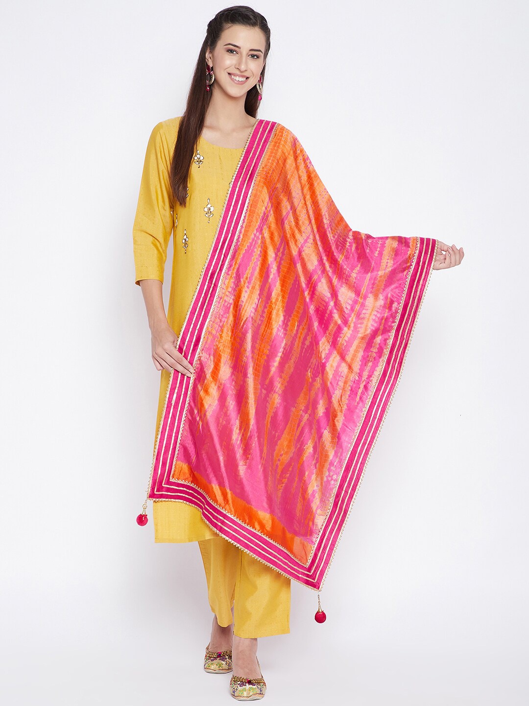 

Clora Creation Magenta & Yellow Dyed Tie and Dye Dupatta with Gotta Patti