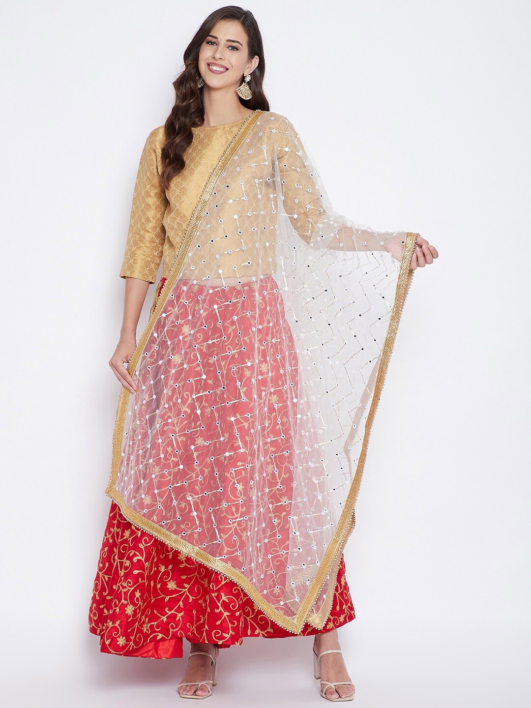 

Clora Creation Women White & Silver Geometric Mirror Work Net Dupatta