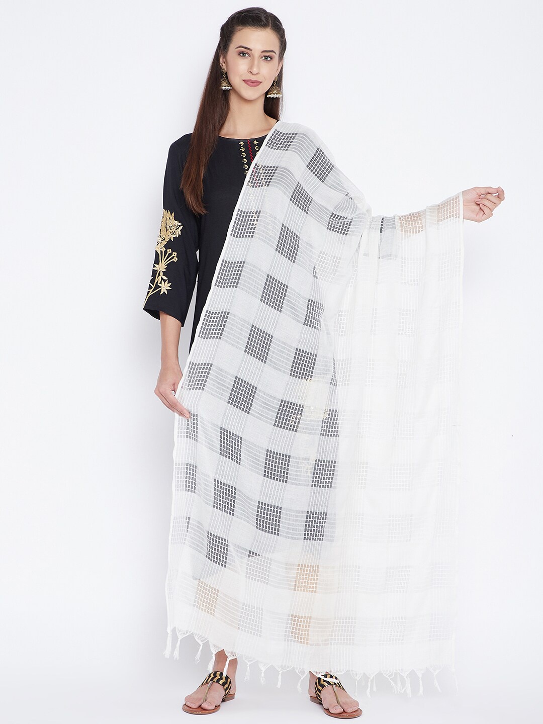

Clora Creation Off White Checked Pure Cotton Dupatta