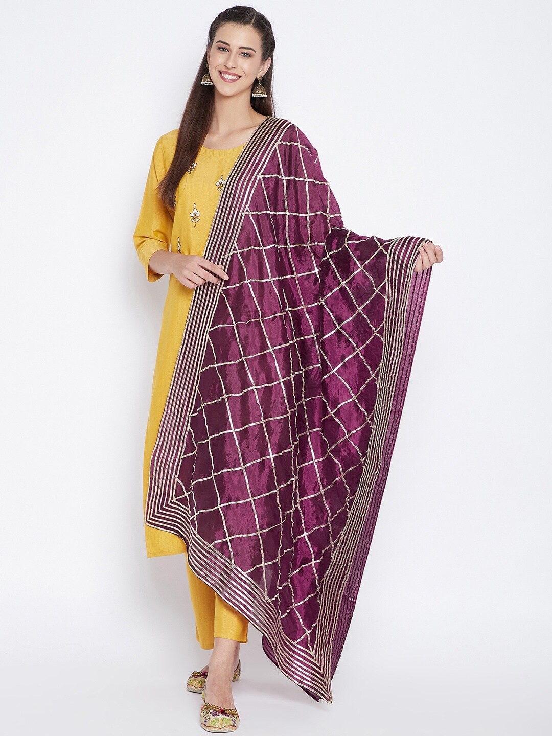 

Clora Creation Burgundy & Gold-Toned Embroidered Dupatta with Gotta Patti