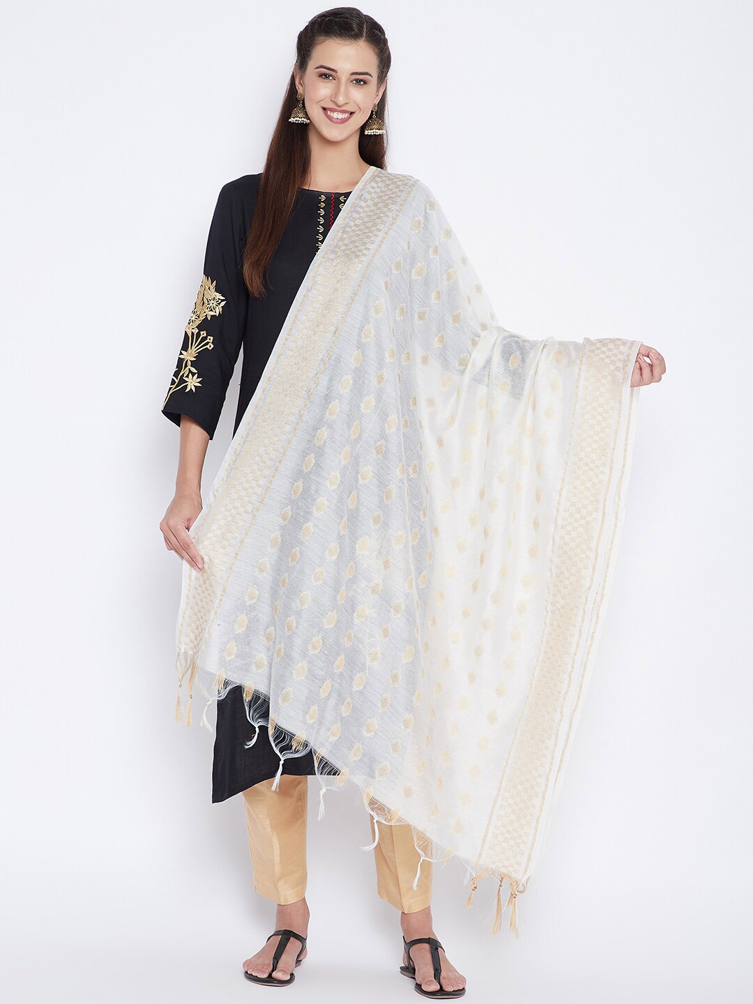 

Clora Creation Off White & Gold-Toned Woven Design Pure Cotton Dupatta