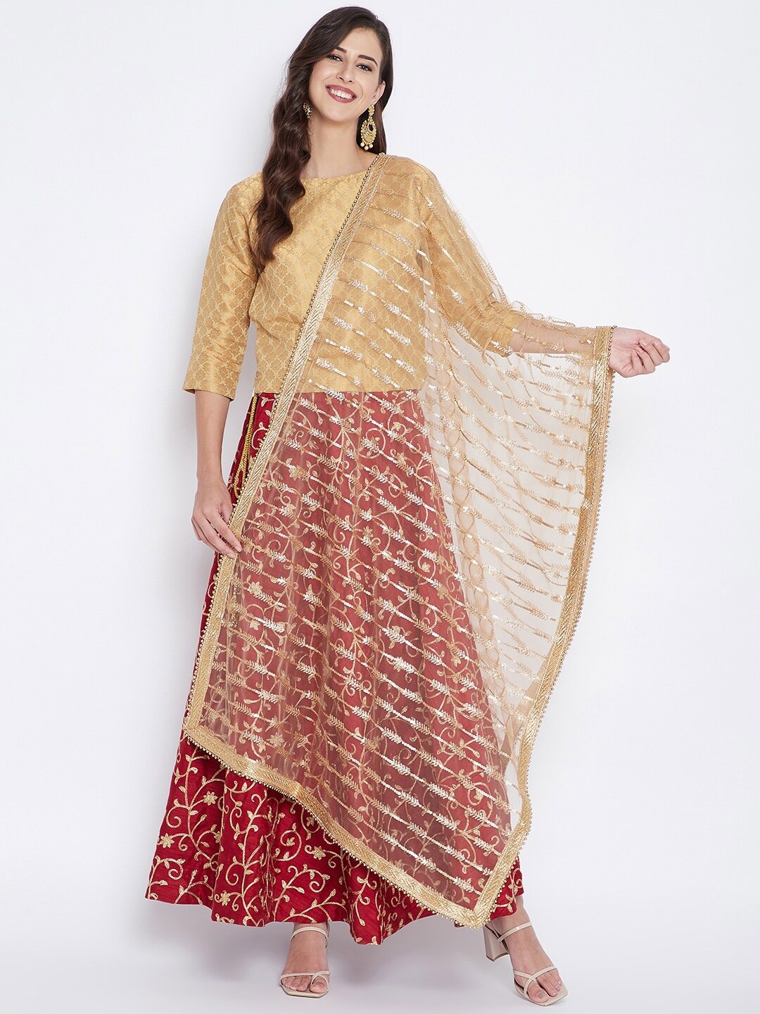 

Clora Creation Gold-Toned Embroidered Net Dupatta With Sequinned