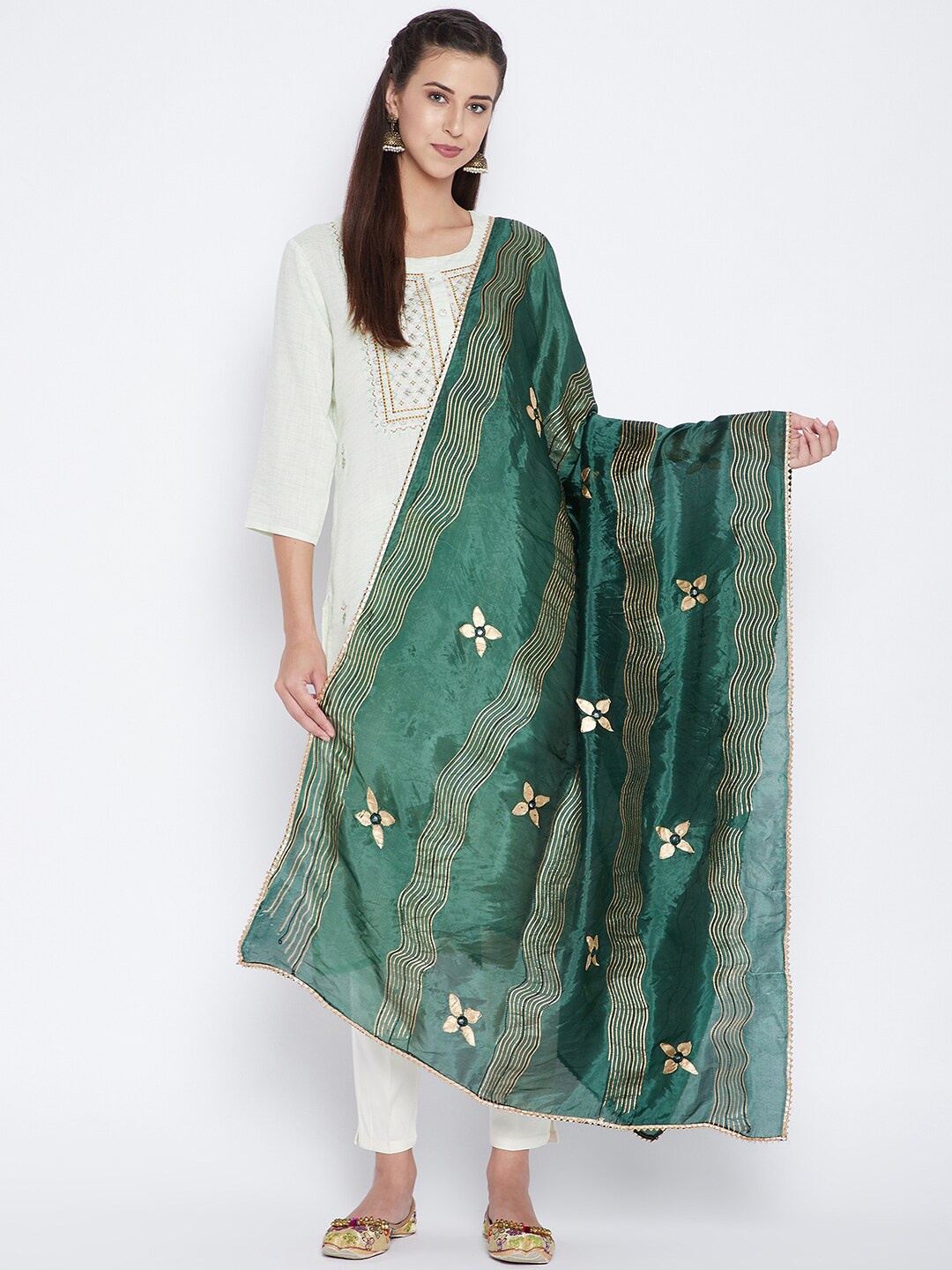 

Clora Creation Green & Gold-Toned Embroidered Dupatta with Mirror Work