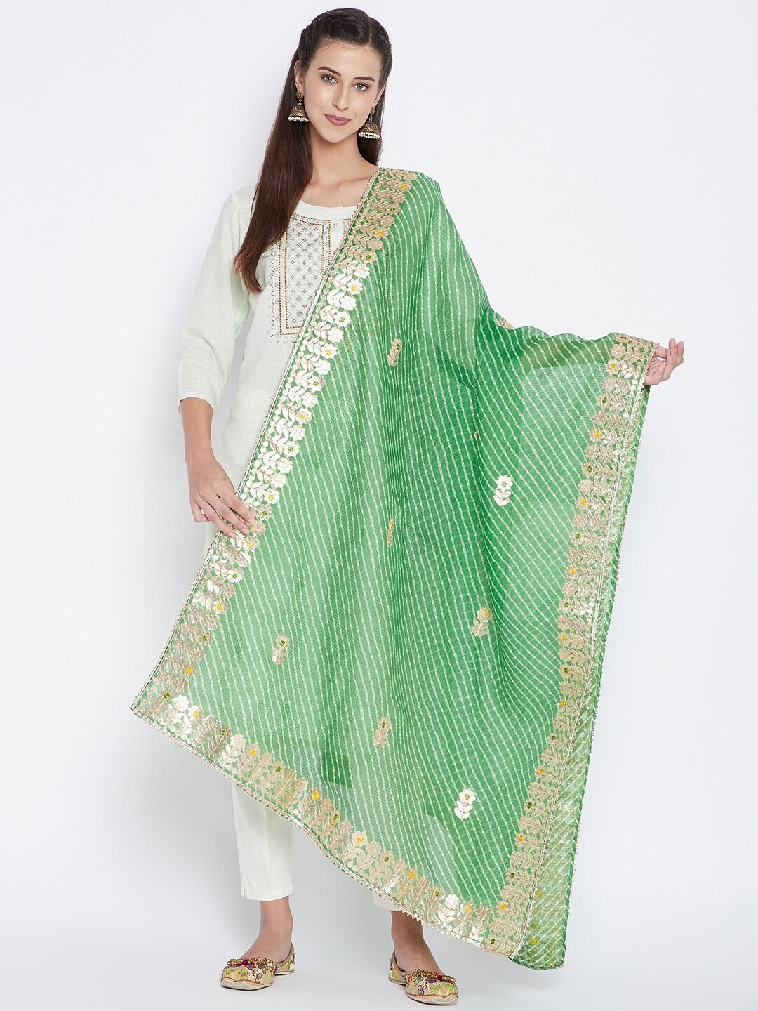 

Clora Creation Green & Gold-Toned Embroidered Dupatta with Gotta Patti