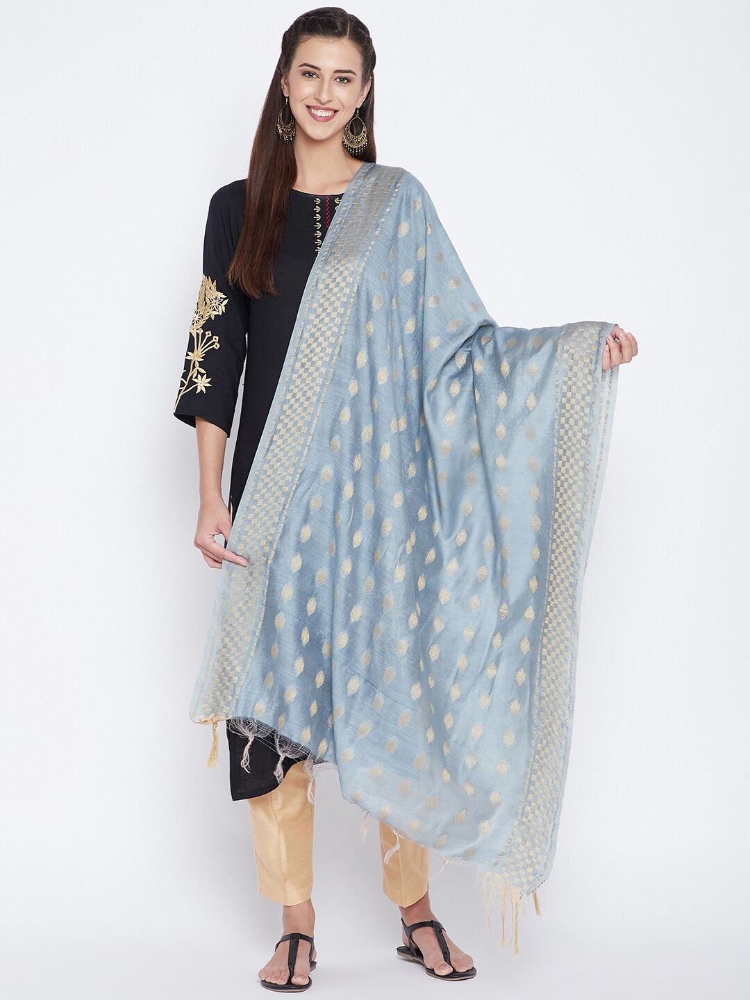 

Clora Creation Grey & Gold-Toned Woven Design Pure Cotton Dupatta