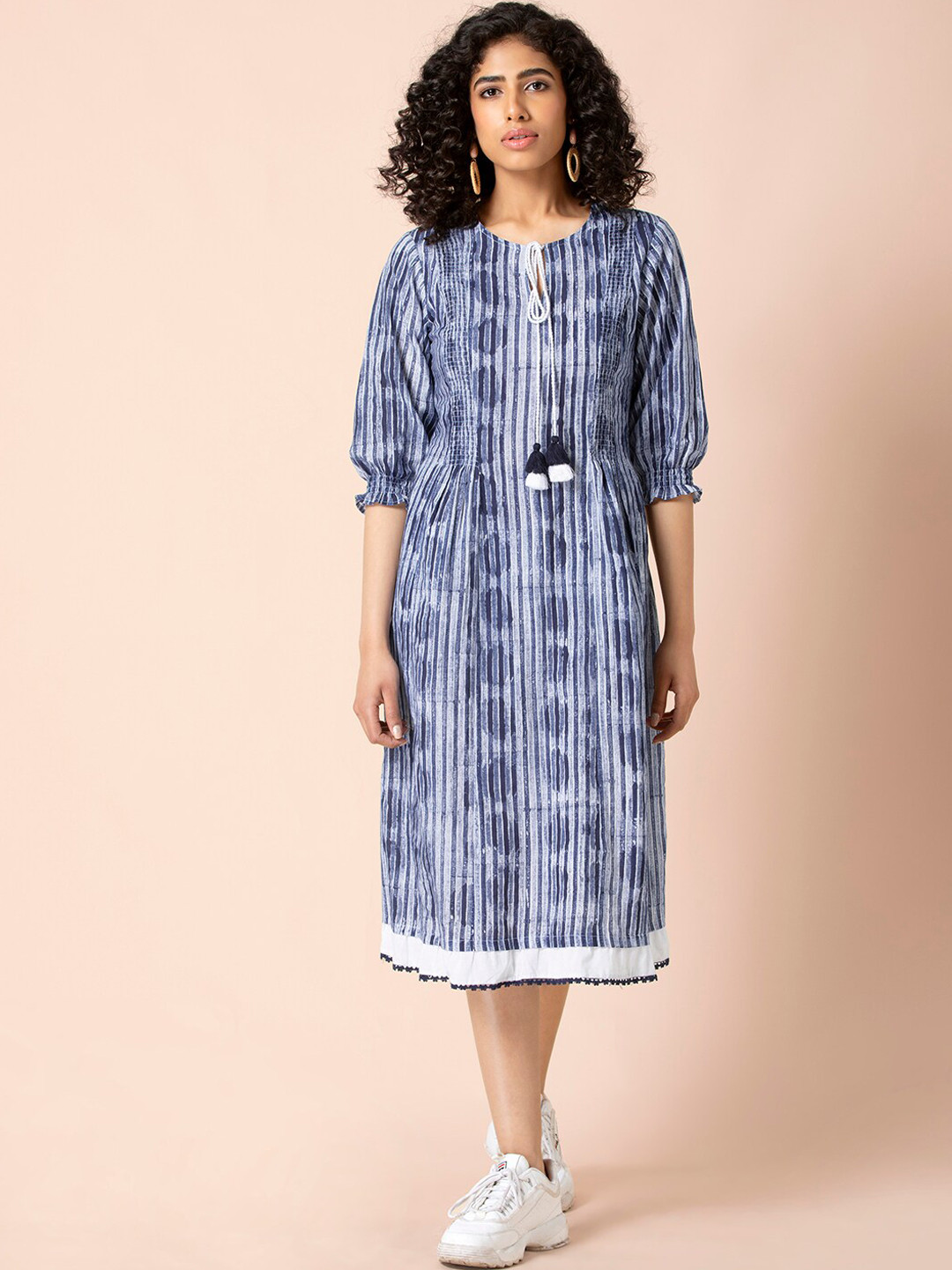 

Earthen BY INDYA Blue Printed Smocked A-Line Dress