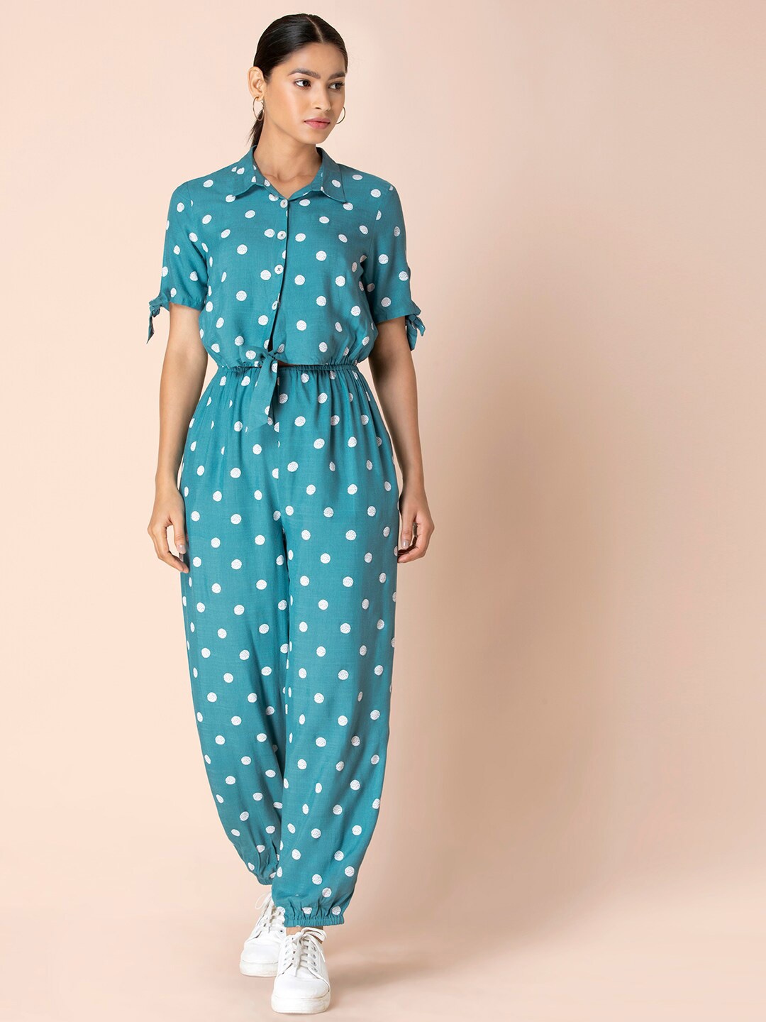 

Earthen BY INDYA Turquoise Polka Knotted Shirt Jumpsuit, Turquoise blue