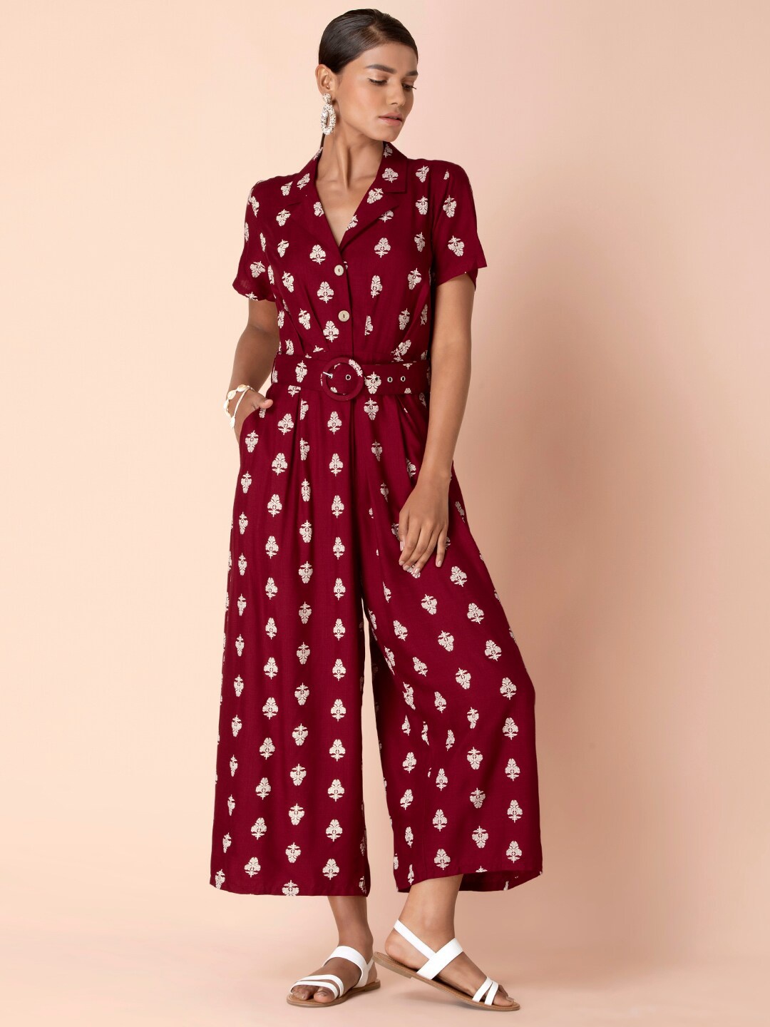 

Earthen BY INDYA Maroon Boota Buckle Belted Collared Jumpsuit