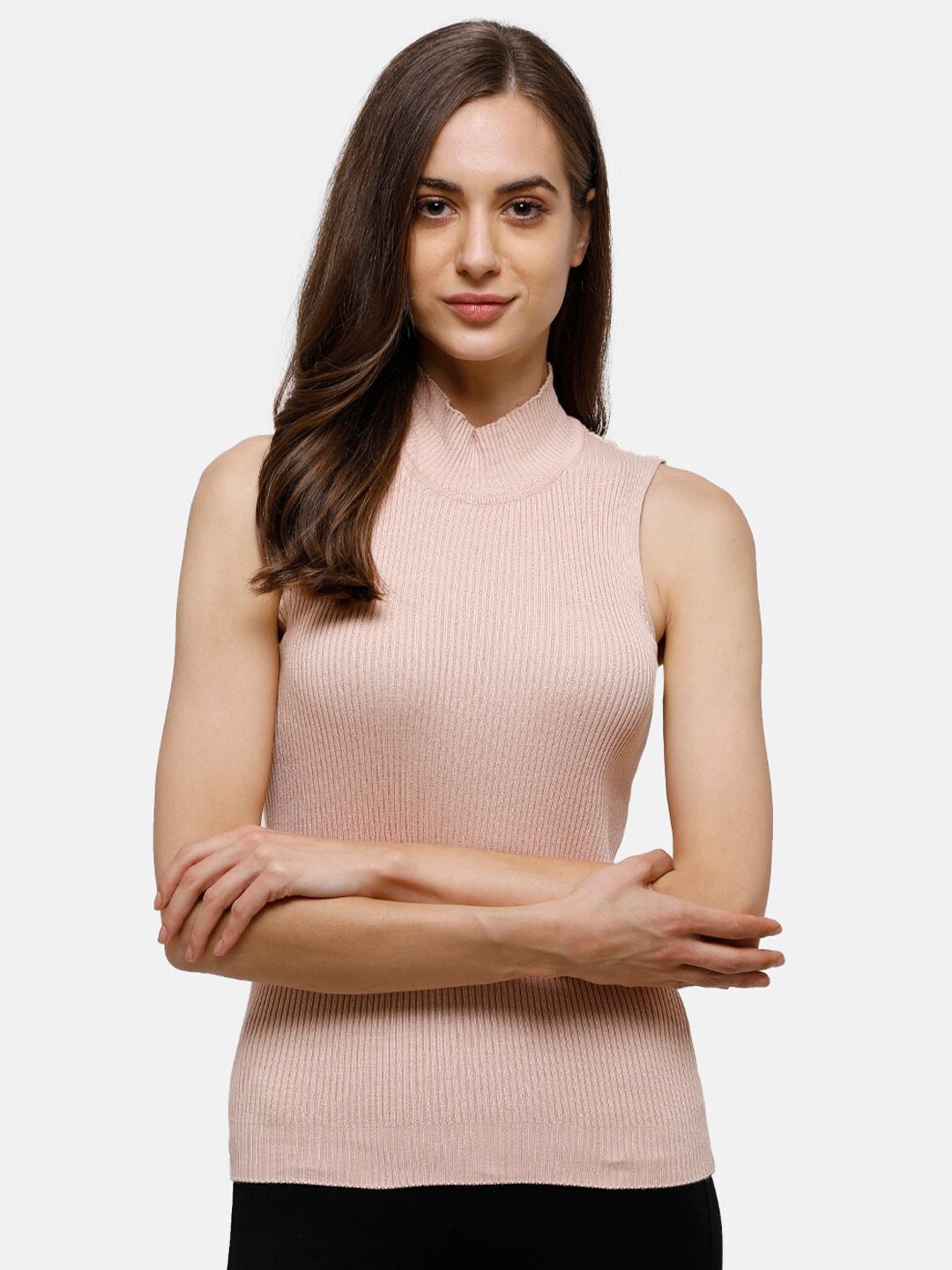 

98 Degree Self Design High Neck Sleeveless Fitted Top, Pink