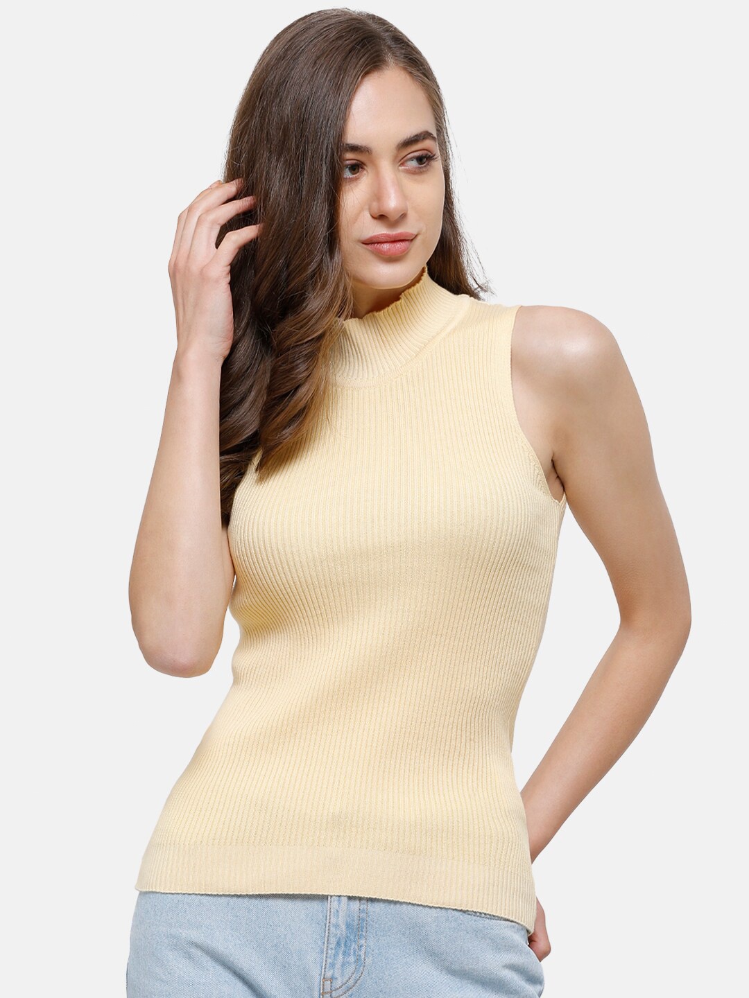 

98 Degree Self Design High Neck Sleeveless Top, Yellow