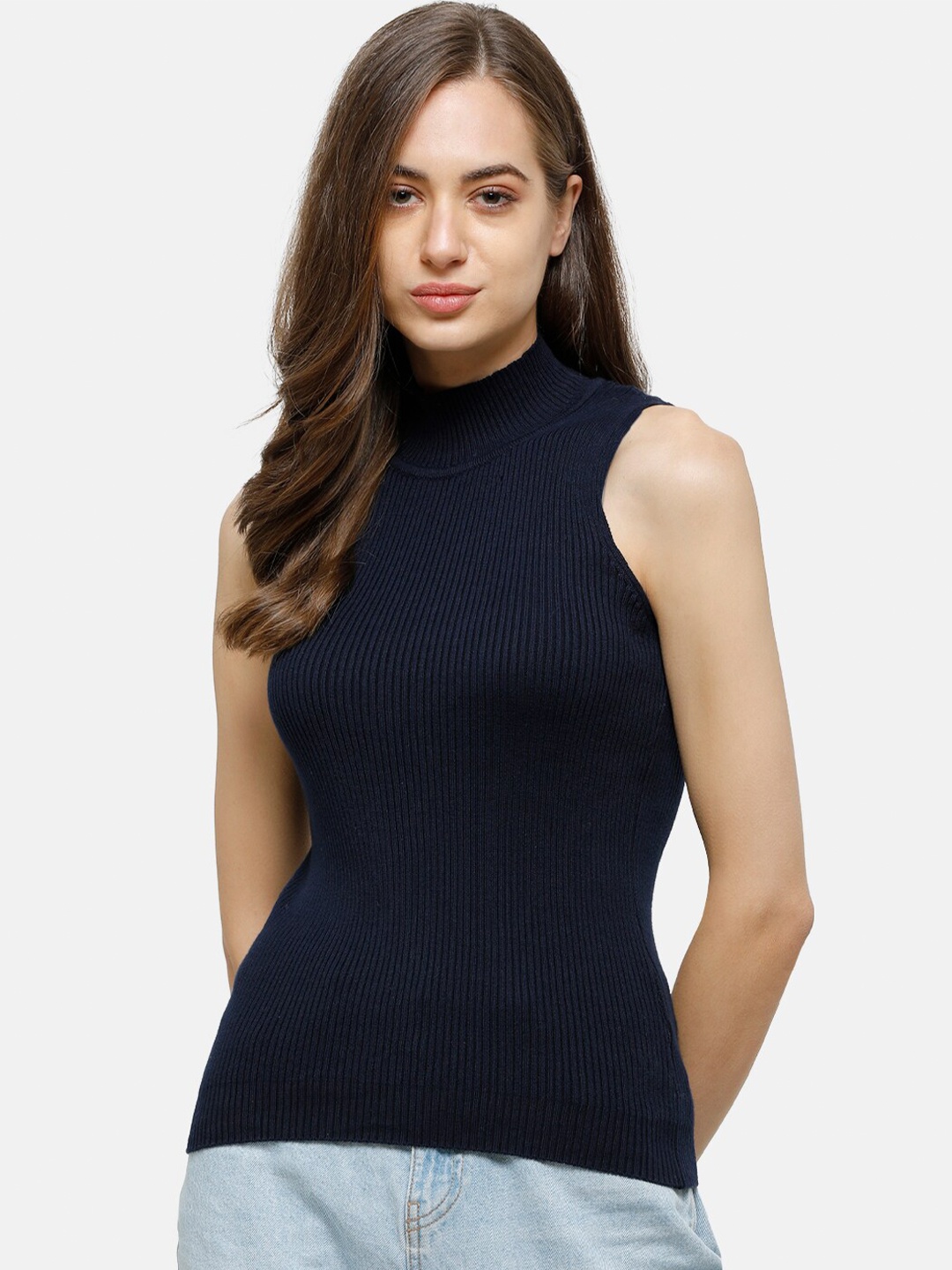 

98 Degree North High Neck Cotton Fitted Top, Navy blue