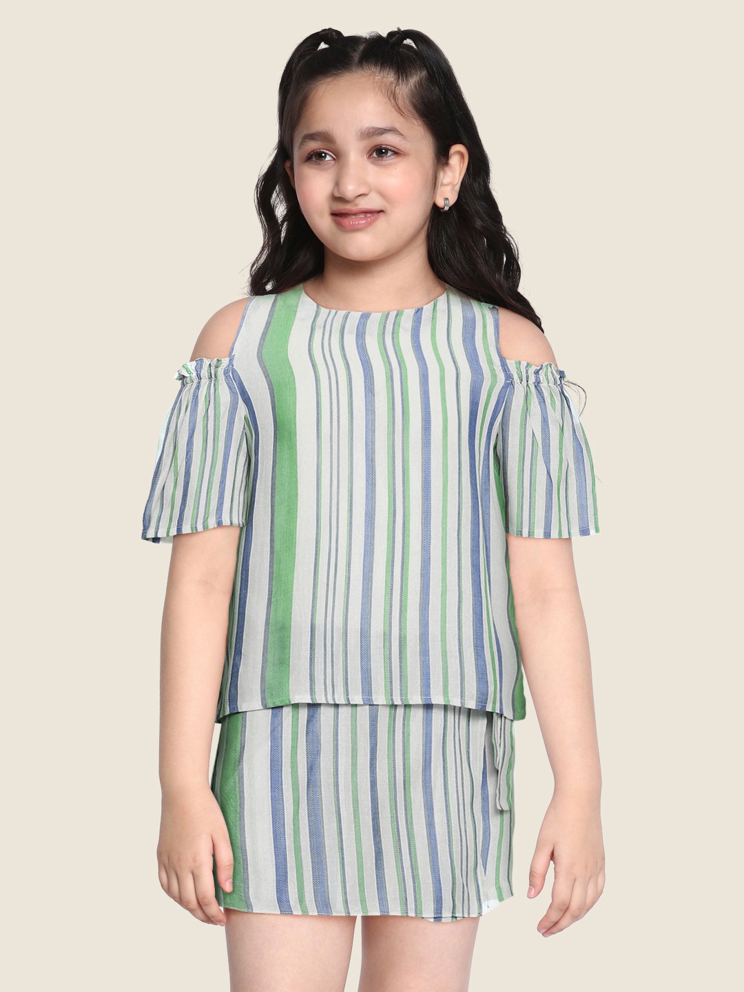 

AND Girls Blue & Green Striped Top with Shorts