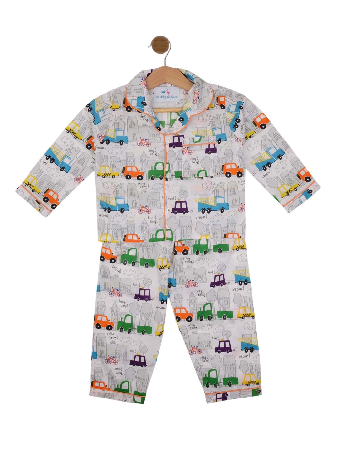 

Knitting Doodles Kids Grey & Orange Printed Pure Cotton Night Suit