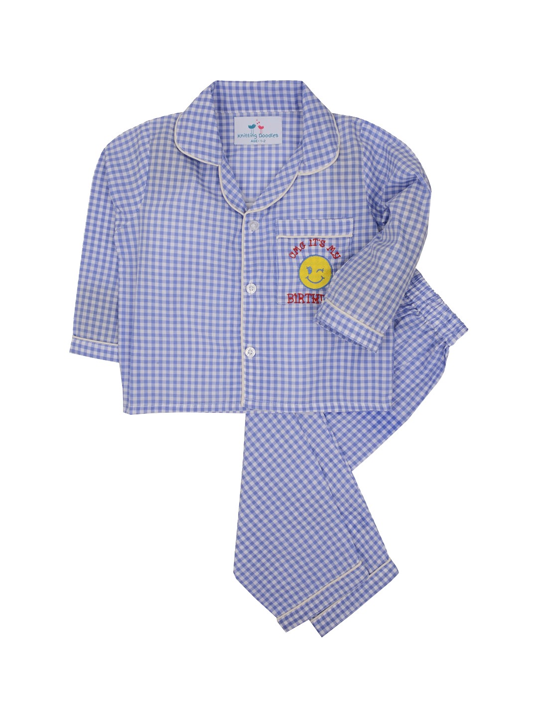 

Knitting Doodles Unisex Kids Blue & White Checked Night suit