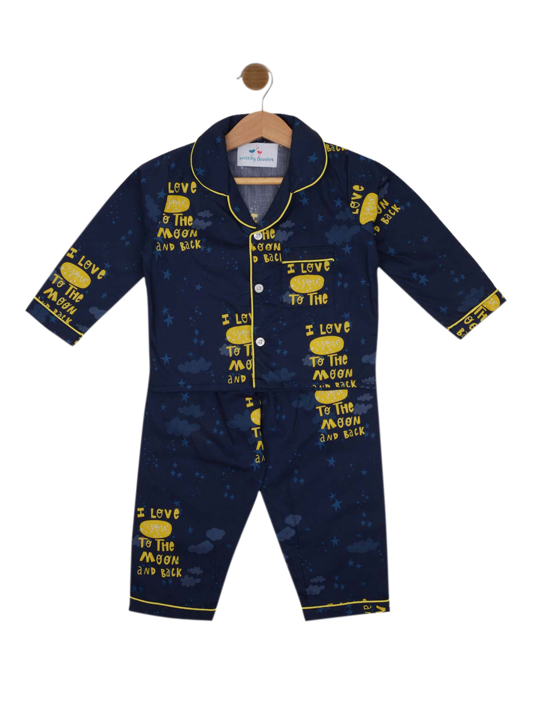 

Knitting Doodles Kids Blue & Yellow Moon And Stars Printed Pure Cotton Night Suit