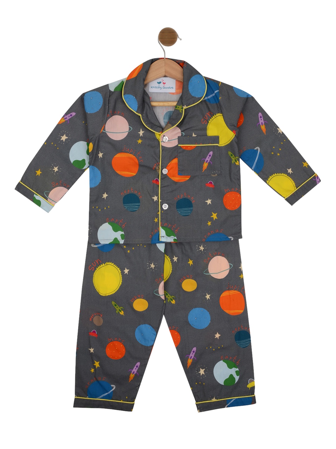

Knitting Doodles Unisex Kids Grey & Orange Solar System Print Night Suit