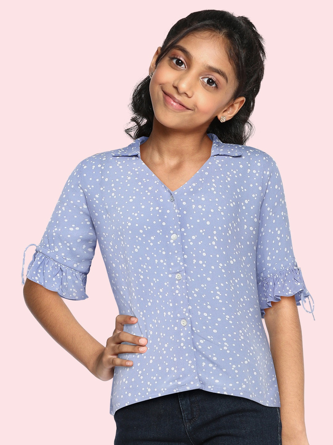 

AND Girls Blue Printed Shirt Style Top