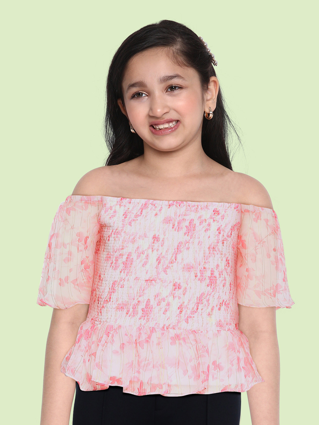 

AND Pink Printed Regular Top with Smocking Details
